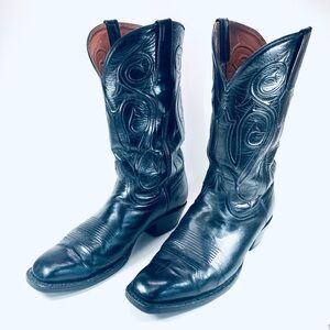Vtg Black Jack Mens Ranch Hand Tooled Leather Cowboy Boots Black 9D USA Made EUC